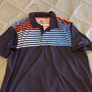 Slazenger Men's Polo Shirt - Black with Orange and Blue Stripes
